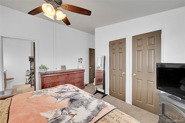 6631 E 78th Ave, Commerce City, CO 80022 - bedroom with a ceiling fan, light carpet, and connected bathroom