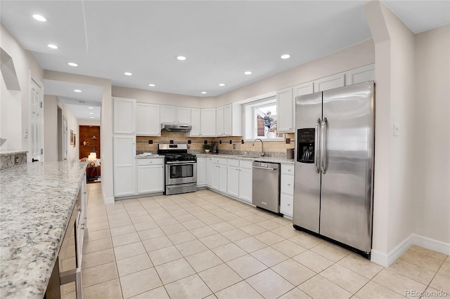 kitchen with stainless steel appliances, decorative backsplash, white cabinetry, a sink, and under cabinet range hood