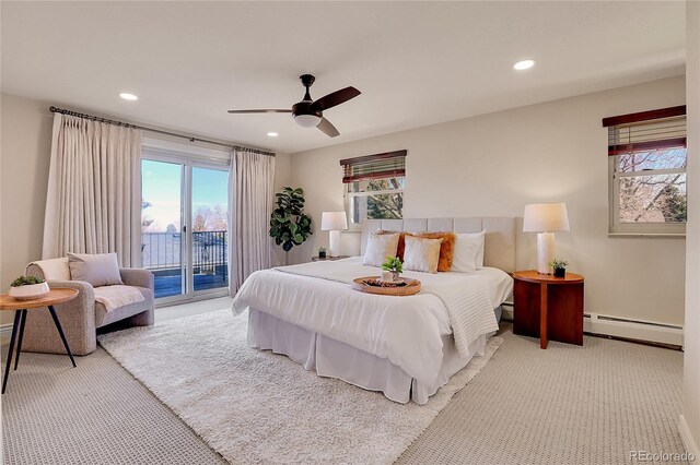 carpeted bedroom featuring access to exterior, a baseboard radiator, a ceiling fan, and recessed lighting