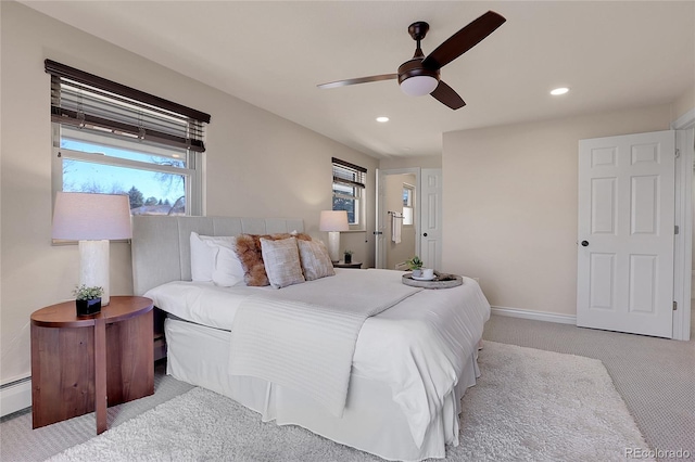 bedroom featuring baseboards, carpet floors, a ceiling fan, and recessed lighting