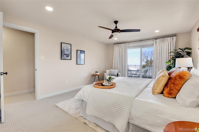 carpeted bedroom with a ceiling fan, access to outside, baseboards, and recessed lighting