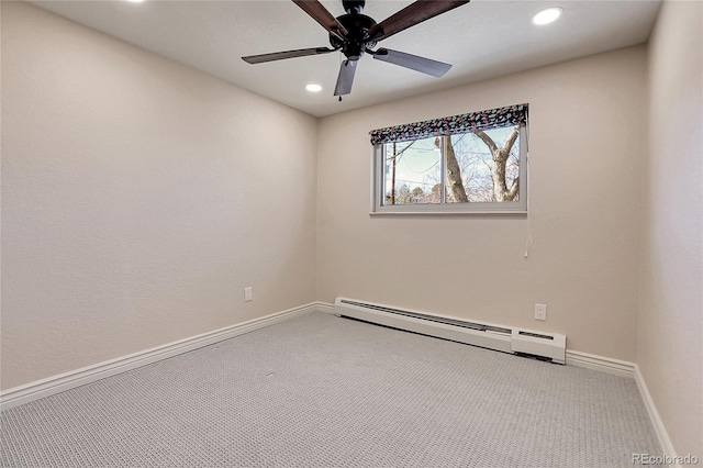 unfurnished room with baseboards, a ceiling fan, a baseboard radiator, carpet floors, and recessed lighting