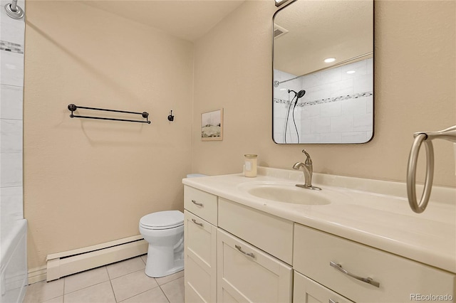 full bathroom with a shower, a baseboard radiator, toilet, vanity, and tile patterned flooring