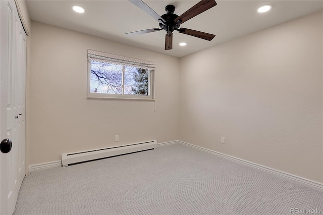 unfurnished bedroom with carpet, a baseboard radiator, a closet, recessed lighting, and baseboards