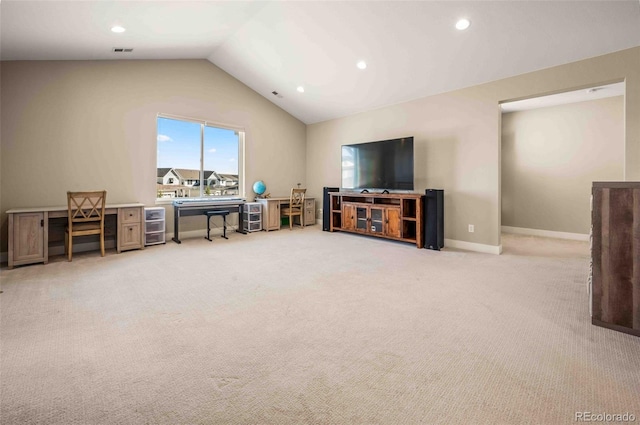 interior space featuring lofted ceiling, recessed lighting, light colored carpet, visible vents, and baseboards