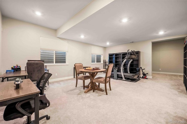 office with baseboards, recessed lighting, and light colored carpet