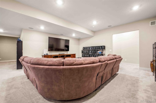 living room featuring light carpet, recessed lighting, visible vents, and baseboards