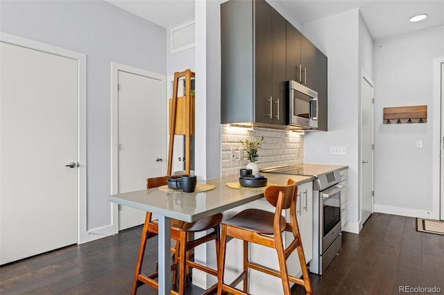 2550 Lawrence St Unit Rb306, Denver, CO 80205 - kitchen featuring stainless steel appliances, dark wood-style floors, tasteful backsplash, a kitchen bar, and recessed lighting
