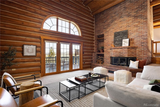 29095 Summit Ranch Dr, Golden, CO 80401 - living area with a towering ceiling, rustic walls, wooden ceiling, healthy amount of natural light, and carpet floors