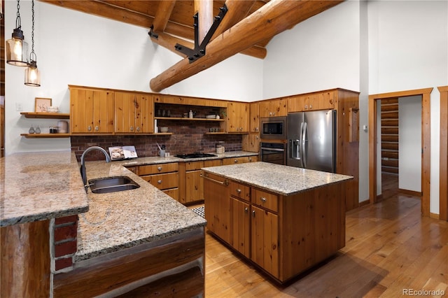 29095 Summit Ranch Dr, Golden, CO 80401 - kitchen featuring open shelves, stainless steel appliances, a sink, high vaulted ceiling, and tasteful backsplash