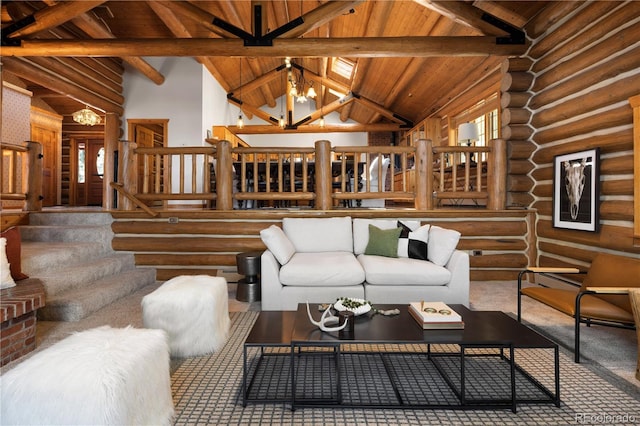29095 Summit Ranch Dr, Golden, CO 80401 - carpeted living room with a chandelier, wood ceiling with exposed beams, rustic walls, stairs, and high vaulted ceiling