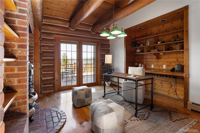 29095 Summit Ranch Dr, Golden, CO 80401 - office with rustic walls, hardwood / wood-style floors, wooden ceiling with exposed beams, and baseboard heating