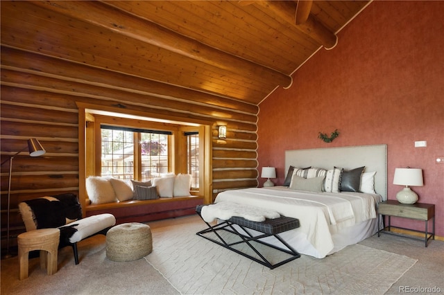 29095 Summit Ranch Dr, Golden, CO 80401 - bedroom featuring rustic walls, wooden ceiling, and carpet flooring