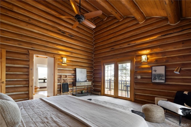 29095 Summit Ranch Dr, Golden, CO 80401 - carpeted bedroom featuring rustic walls, access to outside, and wooden ceiling