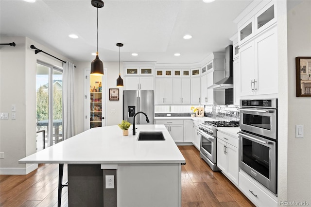 kitchen with appliances with stainless steel finishes, a kitchen island with sink, wall chimney range hood, and sink