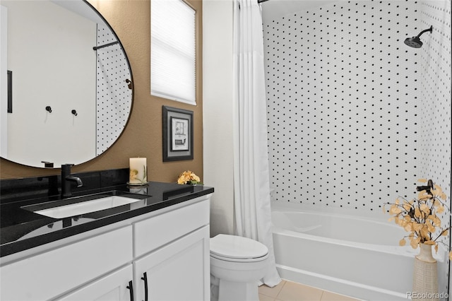 6484 Golden Briar Ln, Colorado Springs, CO 80927 - bathroom featuring vanity, shower / tub combo with curtain, tile patterned floors, and toilet