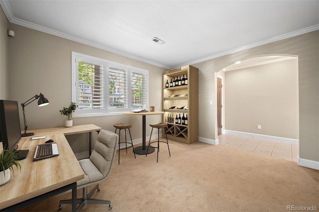 1635 N Franklin St, Denver, CO 80218 - tiled office space with arched walkways, crown molding, carpet floors, and baseboards