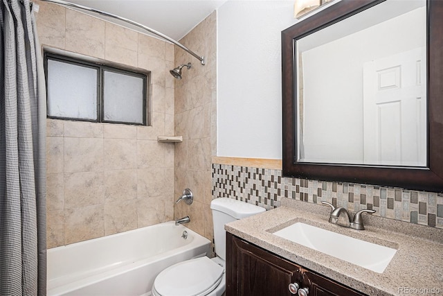 bathroom featuring tile walls, vanity, toilet, and shower / bathtub combination with curtain