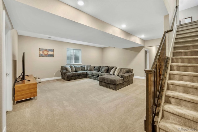 living room with light colored carpet