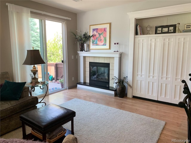 living room featuring wood finished floors and a tiled fireplace