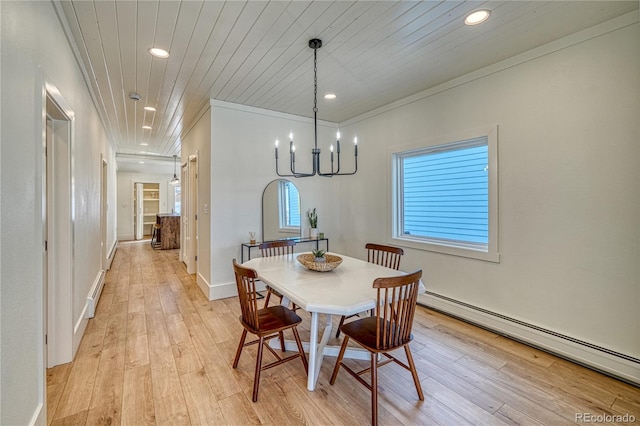 dining room with baseboard heating, recessed lighting, wood ceiling, and light wood-type flooring