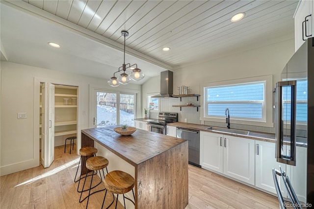 kitchen featuring ventilation hood, wooden counters, light wood-style flooring, a sink, and stainless steel appliances