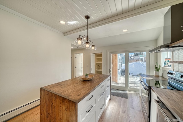 kitchen with stainless steel electric range oven, butcher block countertops, beamed ceiling, wall chimney exhaust hood, and baseboard heating