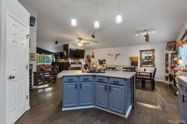 kitchen with an island with sink, pendant lighting, dark hardwood / wood-style floors, and blue cabinetry