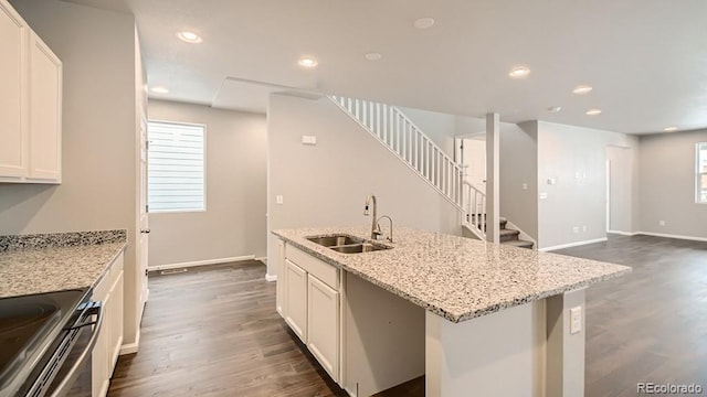 kitchen with dark wood finished floors, a sink, and recessed lighting