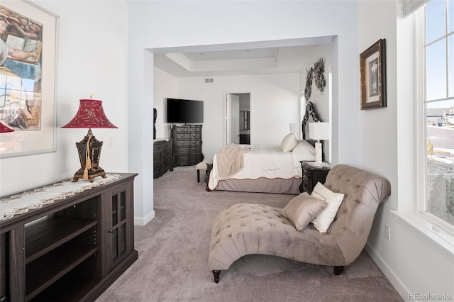 bedroom featuring light carpet, a raised ceiling, and baseboards