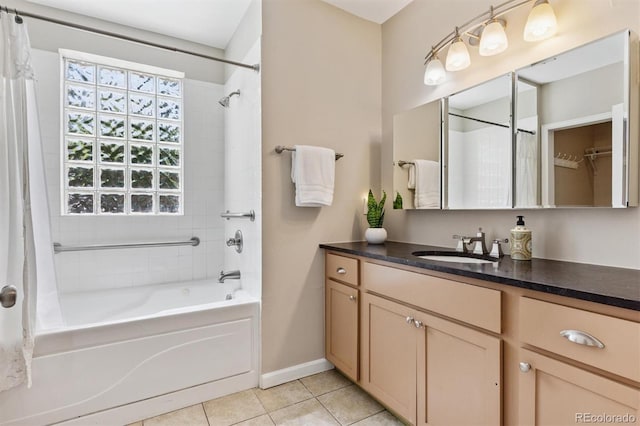 901 S Leyden St, Denver, CO 80224 - bathroom featuring shower / bath combination with curtain, vanity, and tile patterned floors