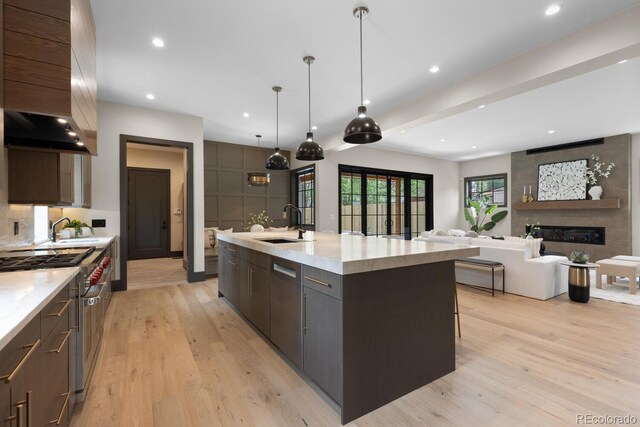1100 S Elizabeth St, Denver, CO 80210 - kitchen featuring modern cabinets, a sink, stainless steel range, light wood finished floors, and wall chimney exhaust hood