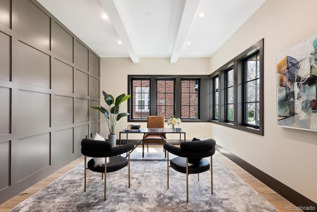 1100 S Elizabeth St, Denver, CO 80210 - office area featuring light wood-type flooring, recessed lighting, baseboards, and beam ceiling