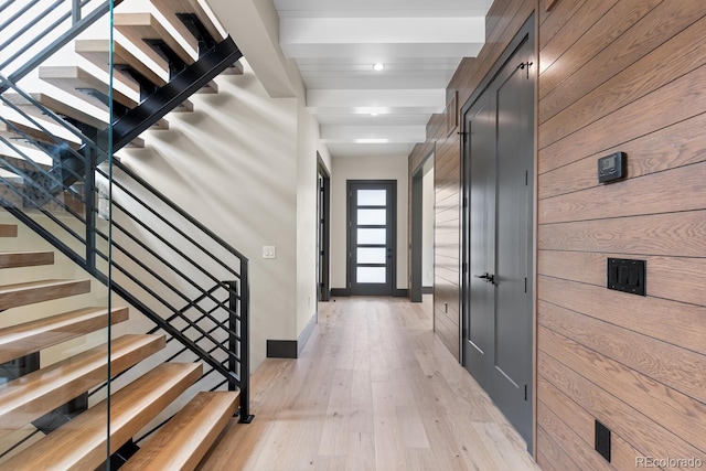 1100 S Elizabeth St, Denver, CO 80210 - interior space with stairs, wooden walls, baseboards, and light wood-type flooring