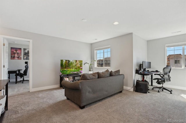 living area with carpet flooring, baseboards, and plenty of natural light