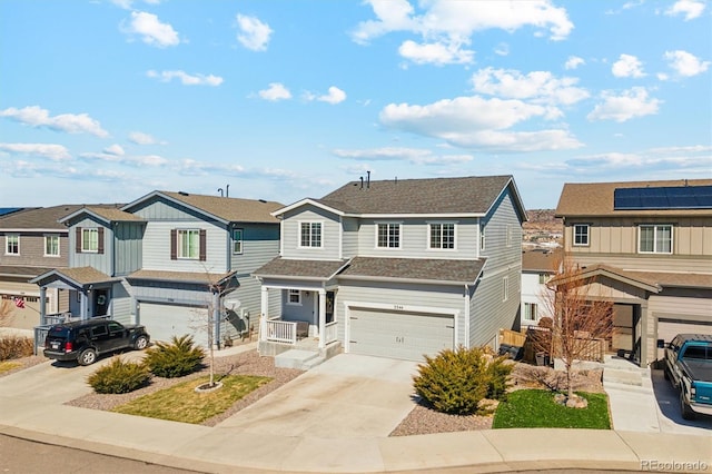 view of front of house with a residential view, concrete driveway, a garage, and roof with shingles