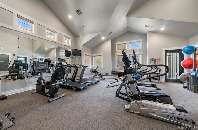 8778 S Kipling Way Unit 304, Littleton, CO 80127 - gym featuring carpet flooring, high vaulted ceiling, baseboards, and recessed lighting