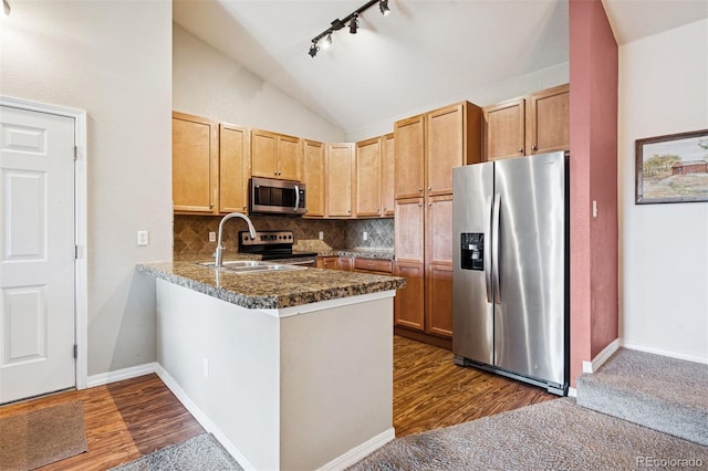 8778 S Kipling Way Unit 304, Littleton, CO 80127 - kitchen featuring appliances with stainless steel finishes, a sink, track lighting, dark wood-style floors, and vaulted ceiling