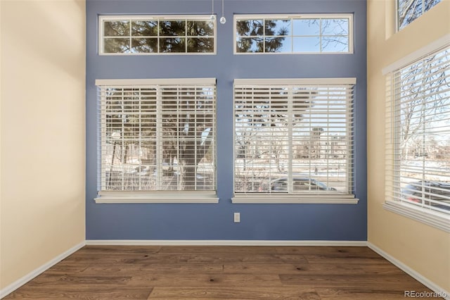 unfurnished room featuring wood-type flooring and a high ceiling