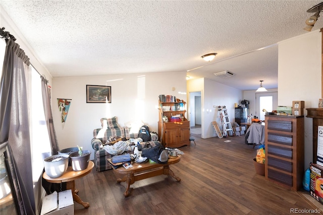 living room with a textured ceiling, vaulted ceiling, and dark wood-type flooring