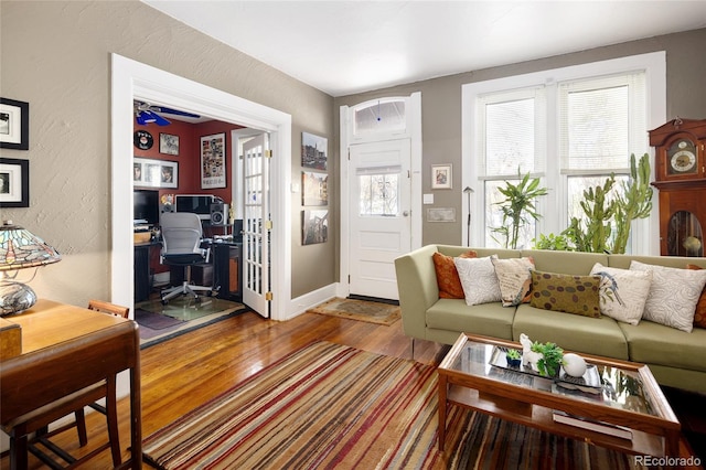 living room with ceiling fan and hardwood / wood-style floors