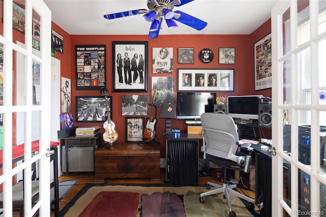 office area featuring hardwood / wood-style flooring and ceiling fan