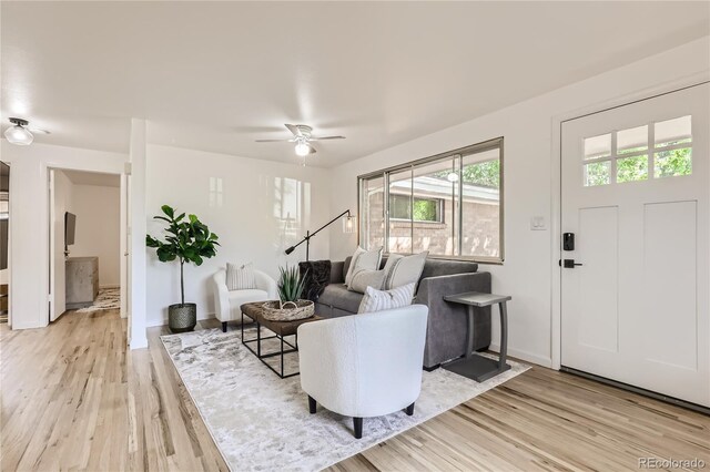 5563 Newland Way, Arvada, CO 80002 - living area with light wood-style floors and a ceiling fan