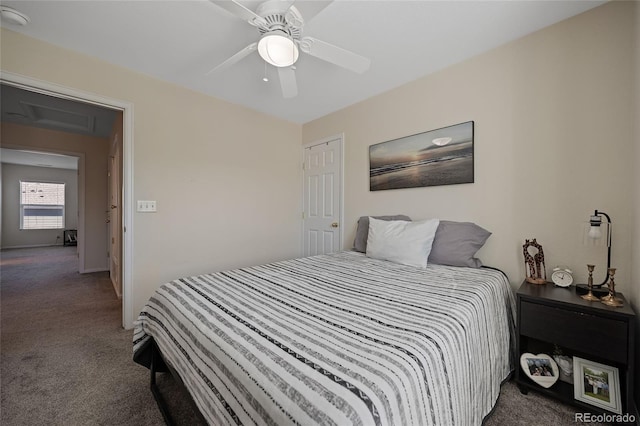 bedroom featuring ceiling fan and carpet floors