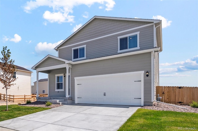traditional-style house featuring fence, an attached garage, covered porch, and concrete driveway