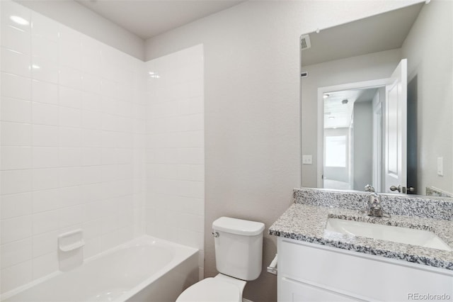full bathroom with toilet, vanity, and shower / bathtub combination