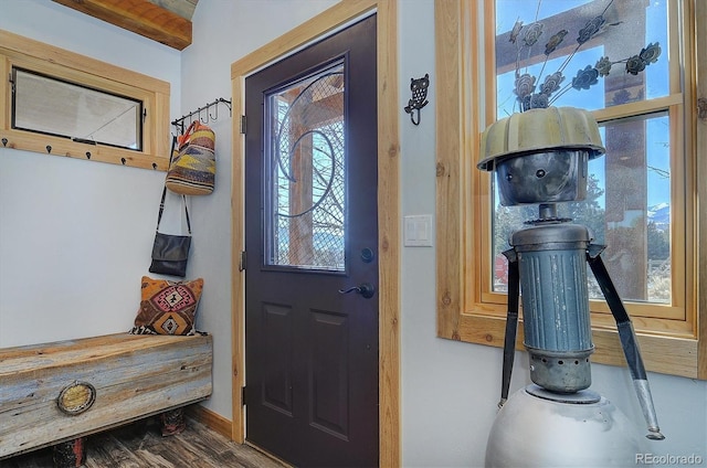 foyer entrance with dark wood-type flooring, a wealth of natural light, and beamed ceiling