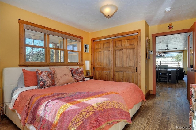 bedroom featuring a textured ceiling, dark hardwood / wood-style flooring, and a closet