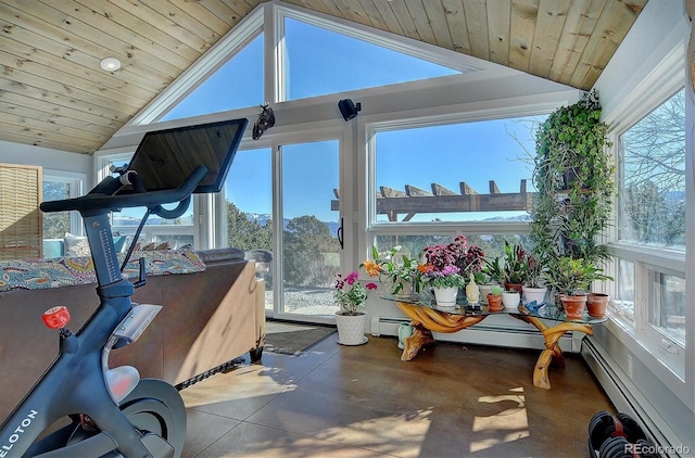 sunroom / solarium featuring baseboard heating, vaulted ceiling, and wooden ceiling