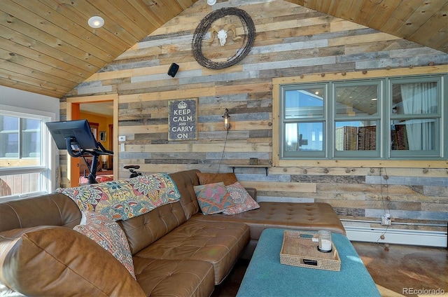 living room featuring vaulted ceiling, wooden ceiling, wooden walls, and baseboard heating